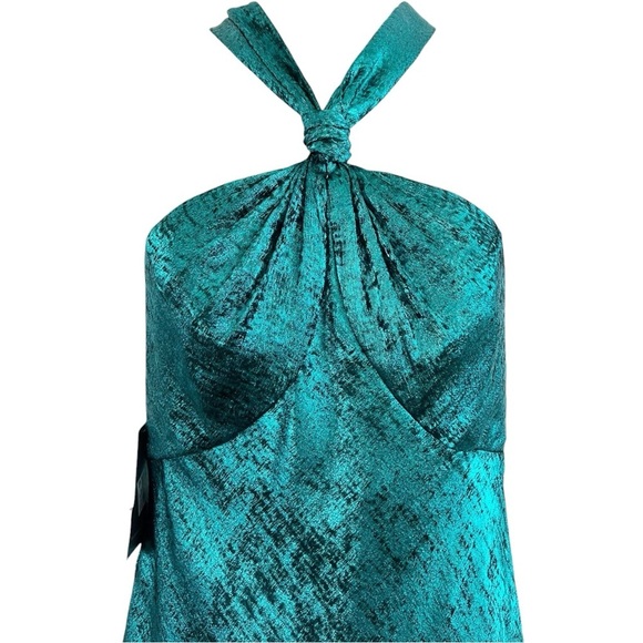 LIV FOSTER JADE Foil Chiffon Metallic Teal Halter Knotted Back Dress Size 2 NWT - Picture 4 of 16